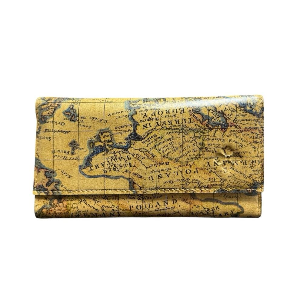 Patricia Nash European Map Leather Wallet Brown Trifold Boho Vintage Style